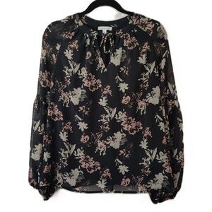 OPHELIA ROE Boho Black Floral SMALL Women's Sheer Long Sleeve Lined Blouse Shirt